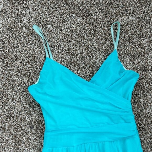 Vintage Necessary Objects Turquoise Faux Wrap Mesh Formal Midi Dress - Picture 10 of 15